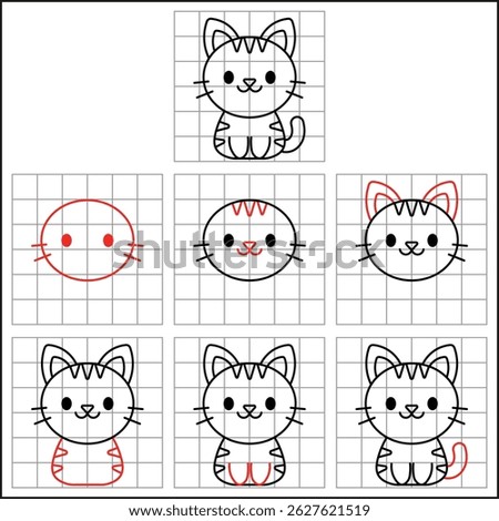 easy step by step cute cat drawing sketch with grids to learn how to draw for kids