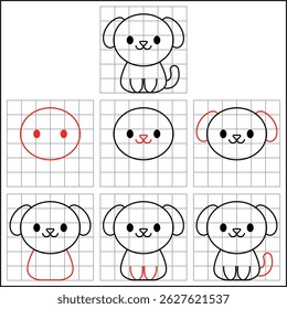 easy step by step cute dog drawing sketch with grids to learn how to draw for kids