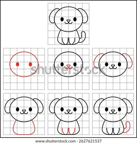 easy step by step cute dog drawing sketch with grids to learn how to draw for kids