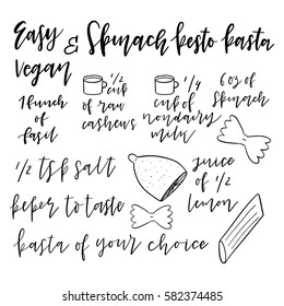 Easy step by step doodle VEGAN spinach pesto pasta Vector illustration.