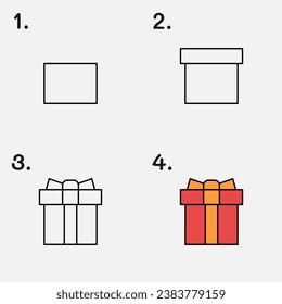 Easy step by step guide: drawing and coloring a gift box.