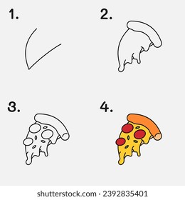Easy step by step guide: drawing and coloring a slice of pizza.