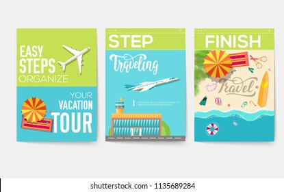 easy steps organize for your vacation tour flyer with infographics and placed text. Illustrated guide travel background. Book cover template design for web and mobile application on flat 