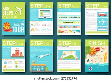 Easy Steps Organize For Your Vacation Tour Flyer With Infographics And Placed Text. Illustrated Guide Travel Background. Book Cover Template Design For Web And Mobile Application On Flat Style