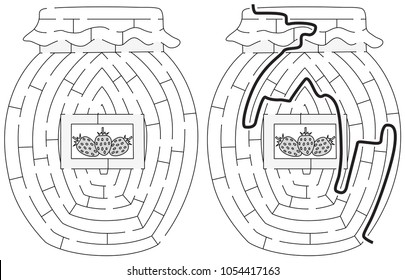 Easy strawberry jam maze for younger kids with a solution in black and white