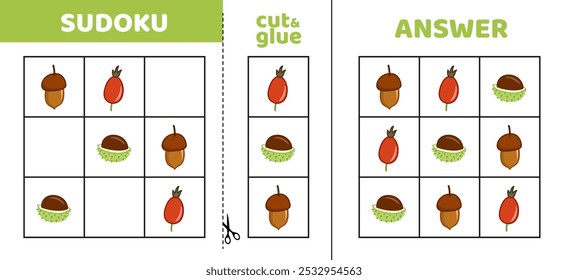 Easy sudoku with acorn, rose hip, chestnut. Game puzzle for kids. Cut and glue. Cartoon, isolated, vector, eps 10
