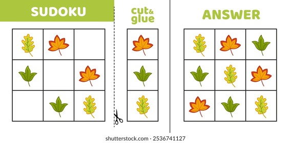 Sudoku fácil com folhas. Quebra-cabeça de jogo para crianças. Corte e cole. Cartoon, isolado, vetor, eps 10