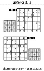 Easy sudoku puzzles 11, 12, suitable for kids, beginners, or just for relax. Answers included.