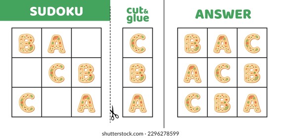 Easy sudoku with three cookie letters. A, B, C. Game puzzle for little kids. Cut and glue. Cartoon, flat, isolated, vector, eps 10