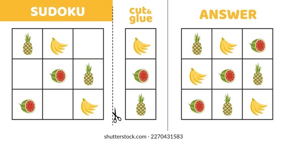 Sencillo sudoku con tres frutas. Rompecabezas de juego para los niños pequeños. Fruta. Cortar y pegar. Dibujo, plano, vector, aislado, eps 10