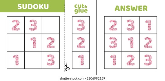 Easy sudoku with three numbers of flowers 1, 2, 3. Game puzzle for little kids. Cut and glue. Doodle, flat, isolated, vector, eps 10