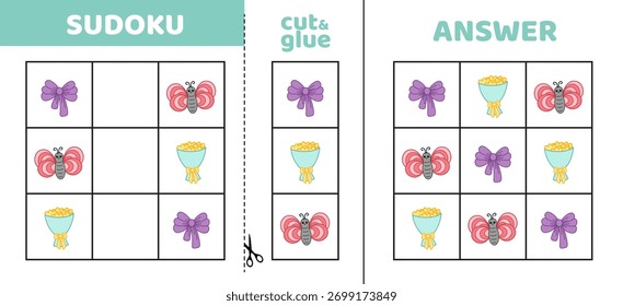 Sudoku fácil com três objetos. Quebra-cabeça de jogo para crianças pequenas. Corte e cole. Desenho animado