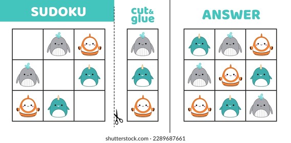 Easy sudoku with three sea animals and fish. Squishmallow. Game puzzle for little kids. Cut and glue. Cartoon, flat, isolated, vector, eps 10