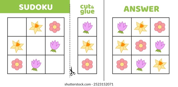 Sudoku fácil con tres flores de primavera. Juego rompecabezas para niños pequeños. Cortar y pegar. Dibujos animados