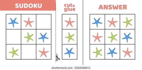 Easy sudoku with three starfishes. Game puzzle for little kids. Starfish. Cut and glue. Cartoon, flat, vector, isolated, eps 10