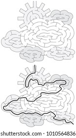 Easy sun and clouds maze for younger kids with a solution in black and white