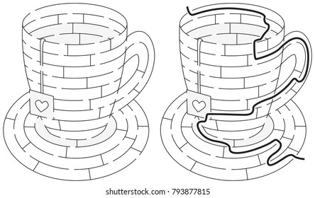Easy tea maze for younger kids and solution in black   white
