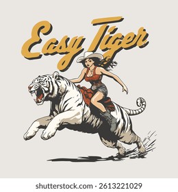 Easy Tiger Cowgirl Riding Tiger Retro Wild Print Design