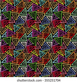 Easy tilable (you see 9 tiles) abstract geometric grunge seamless pattern (background, wallpaper, print, swatch) of colorful angular swirls on black backdrop
