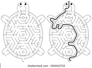 Easy tortoise maze for younger kids with a solution in black and white
