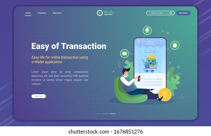 Easy transaction using digital wallet application, Shop using e-wallet illustration on landing page template