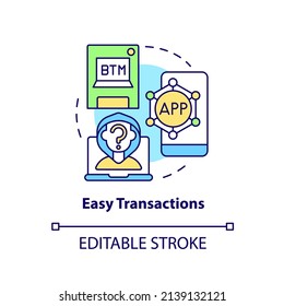 Icono de concepto de transacciones fáciles. Cryptocurrency pros idea abstracta ilustración de línea delgada. Intercambios centralizados. Dibujo de contorno aislado. Trazo editable. Fuentes Arial, Myriad Pro-Bold utilizadas