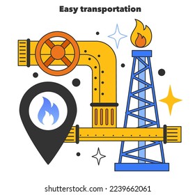 Easy transportation as a benefit to using natural gas. Natural resource extraction and use. Natural gas transportation to the end consumer. Flat vector illustration
