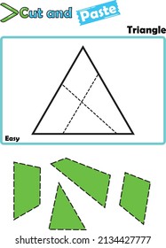 Easy "Triangle Puzzle worksheet" four-piece for toddler or preschool to exercise thinking skill, logical think, shape recognition, geometry with fine motor skill exercise to cut and paste of image