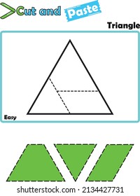 Easy "Triangle Puzzle worksheet" three-piece for toddler or preschool to exercise thinking skill, logical think, shape recognition, geometry with fine motor skill exercise to cut and paste of image