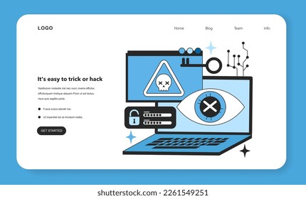 It's easy to trick or hack web banner or landing page. Neural network implementation risk. Self-learning computing system processing data. Deep machine learning technology. Flat vector illustration