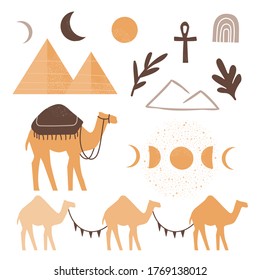 Easy t-shirt creator. Egypt, Africa desert camel caravan set. Isolated vector pyramids, tropical leaves, sacred symbols. Abstract, modern, flat, textured illustration. Design background collection.