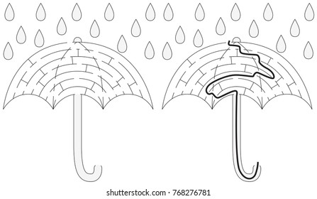 Easy umbrella maze for younger kids with a solution in black and white