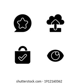 Easy to use interface creation process black glyph icons set on white space. Uploading data to remote server. Buying things in online stores. Silhouette symbols. Vector isolated illustration