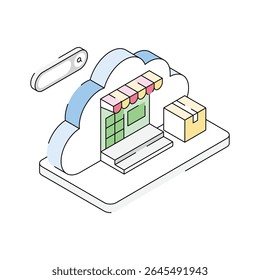 Easy to use isometric outline icon of cloud marketplace