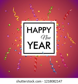Easy to use for your design. Black central Happy New Year text in white square frame. Festive red background  with bursting colorful streamers and confetti.
