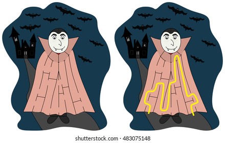 Easy vampire maze for younger kids with a solution