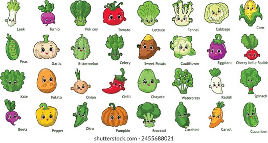 
Fácil dibujo de verduras. Icono de Vector de hierbas vegetales lindas. Divertidos Elementos de vegetales de dibujos animados. Familia de frutas y verduras.