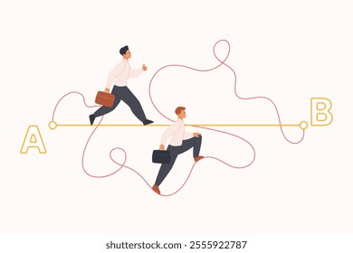 Easy way to solve complex problem, shortcut journey for goal, career success. Tiny people choose hard difficult and easier path to walk from point A to B, effortless cartoon vector illustration