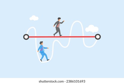 Easy way vs difficult way. Smart businessman chooses easier shortcuts to achieve his goal.Business competition won by those who dare to take a different path. Easy shortcut to leave competitors behind