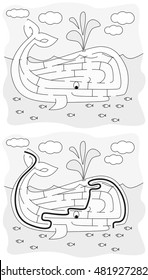 Easy whale maze for younger kids with a solution in black and white