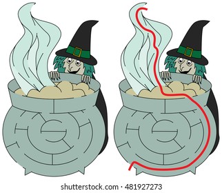 Easy witch maze for younger kids with a solution