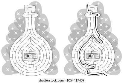 Easy witch posion maze for younger kids with a solution in black and white