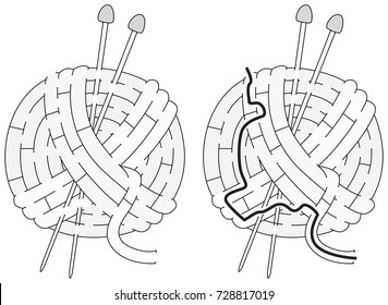 Easy wool ball maze for younger kids with a solution in black and white