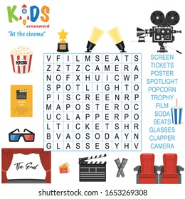 Easy word search crossword puzzle 'At the cinema', for children in elementary, primary and middle school. Fun way to practice language comprehension and expand vocabulary. Includes answers.