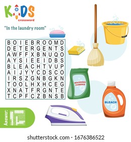 Easy word search crossword puzzle 'In the laundry room', for children in elementary and middle school. Fun way to practice language comprehension and expand vocabulary. Includes answers.