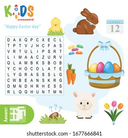 Easy word search crossword puzzle 'Happy Easter Day', for children in elementary and middle school. Fun way to practice language comprehension and expand vocabulary. Includes answers.