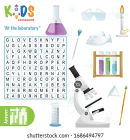 Easy word search crossword puzzle 'At the laboratory', for children in elementary and middle school. Fun way to practice language comprehension and expand vocabulary. Includes answers.