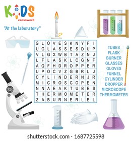 Easy word search crossword puzzle 'At the laboratory', for children in elementary and middle school. Fun way to practice language comprehension and expand vocabulary. Includes answers.