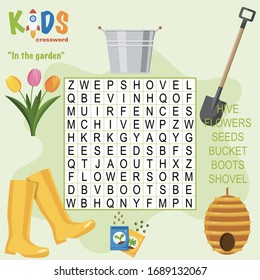 Easy word search crossword puzzle 'In the garden', for children in elementary and middle school. Fun way to practice language comprehension and expand vocabulary. Includes answers.