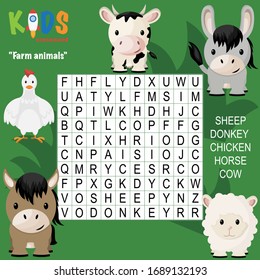 Easy word search crossword puzzle 'Farm animals', for children in elementary and middle school. Fun way to practice language comprehension and expand vocabulary. Includes answers.